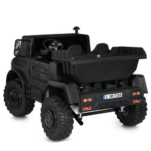 Дитячий двомісний електротранспорт Bambi Вантажівка Mercedes Unimog (MP3) з кузовом, до 60 кг, до 15 км, чорний