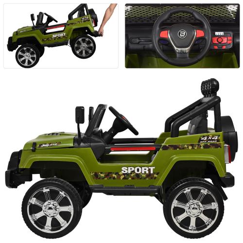 Дитячий повнопривідний електромобіль Bambi Jeep Sunshine Military з багажником та ручкою для транспортування, зелений камуфляж