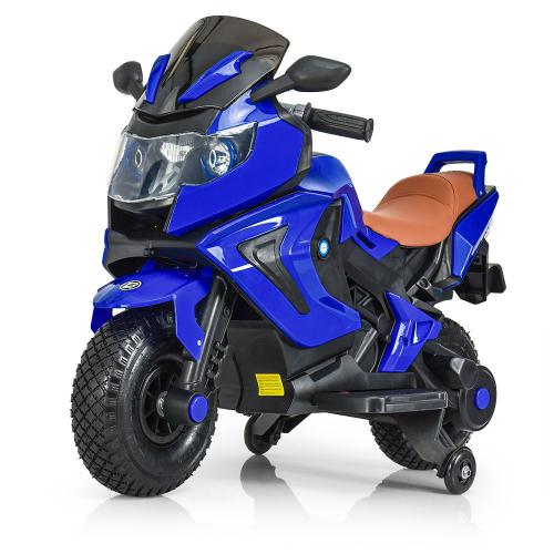 Детский электромотоцикл Bambi BMW R1200 RT (MP3) с дополнительными колесиками, резиновыми колесами и ручкой для транспортировки, синий
