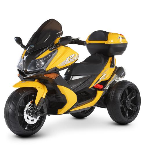 Дитячий триколісний електромотоцикл Bambi BMW R (MP3) з багажником, жовтий