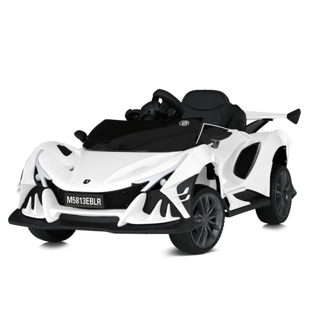 Дитячий повнопривідний електромобіль Sport Car Aggressor (MP3) з вертикальними дверцятами, спойлером та ручкою для транспортування, білий