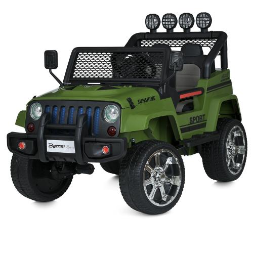 Дитячий повнопривідний електромобіль Bambi Jeep Sunshine Military з багажником та ручкою для транспортування, зелений камуфляж