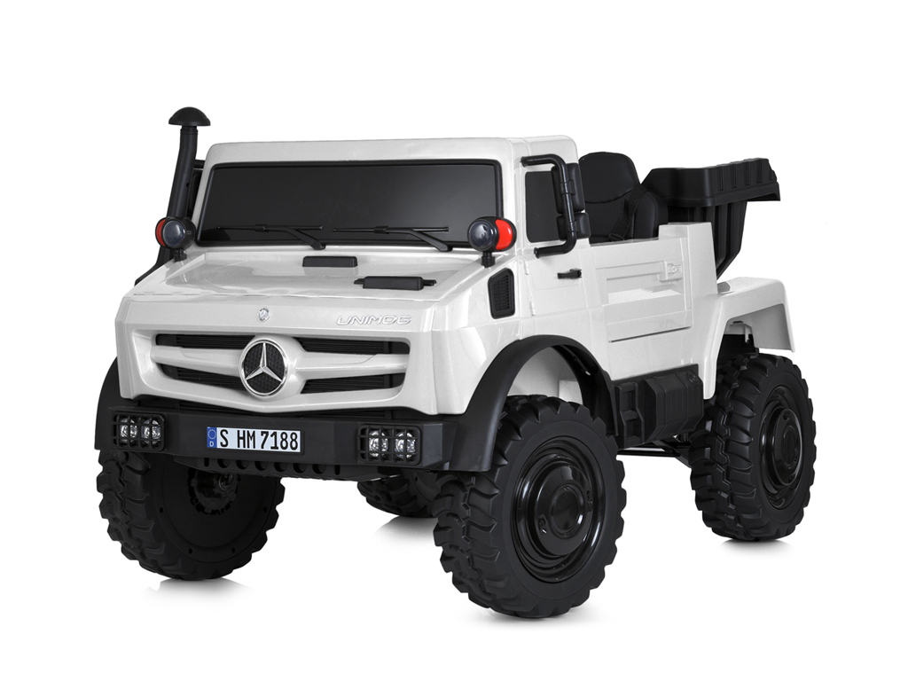 Дитячий двомісний електротранспорт Вантажівка Mercedes Unimog (MP3) з кузовом, до 60 кг, до 15 км, білий