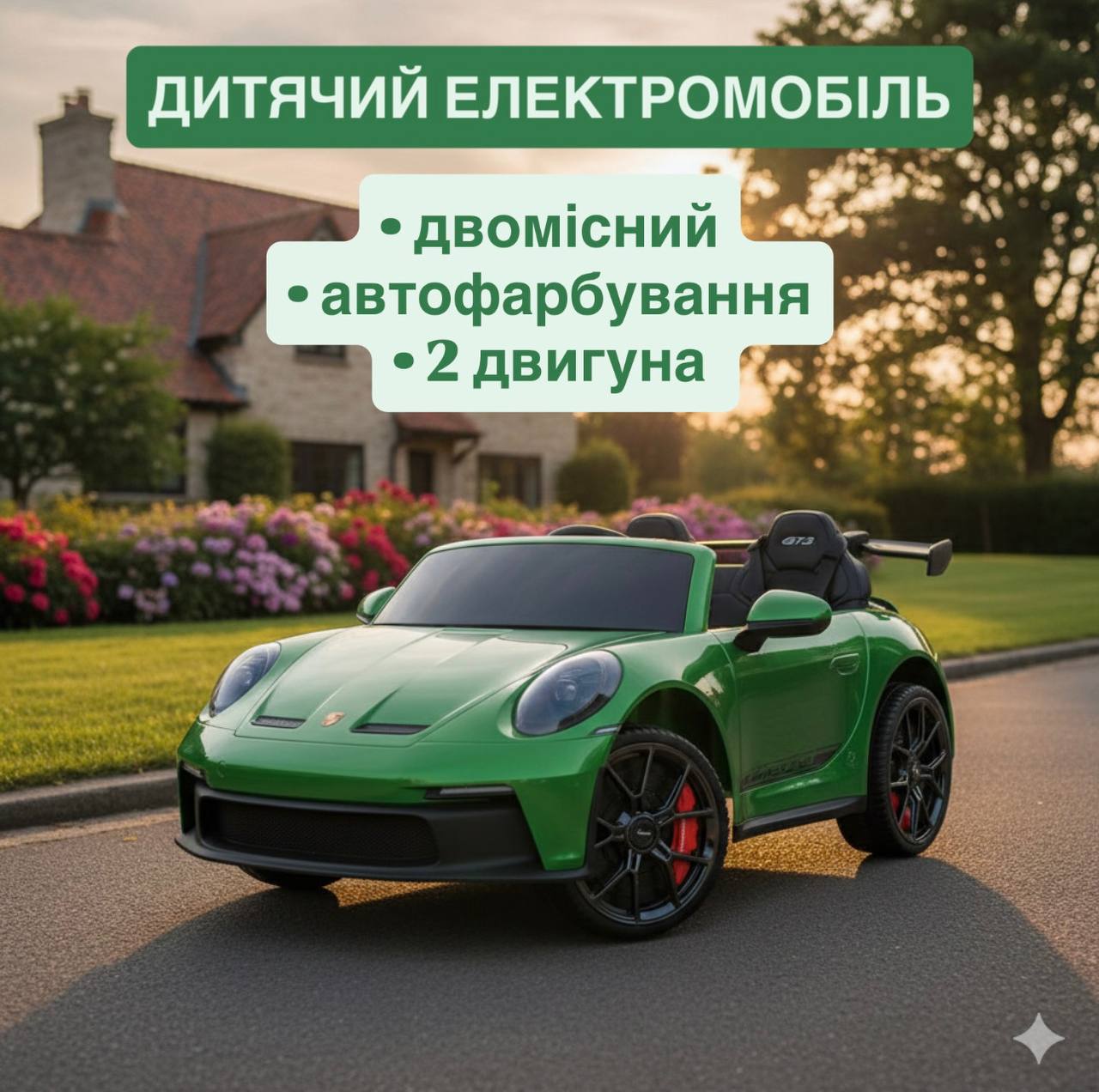 Дитячий електромобіль Bambi Porshe 911 двомісний зі спойлером, зелений